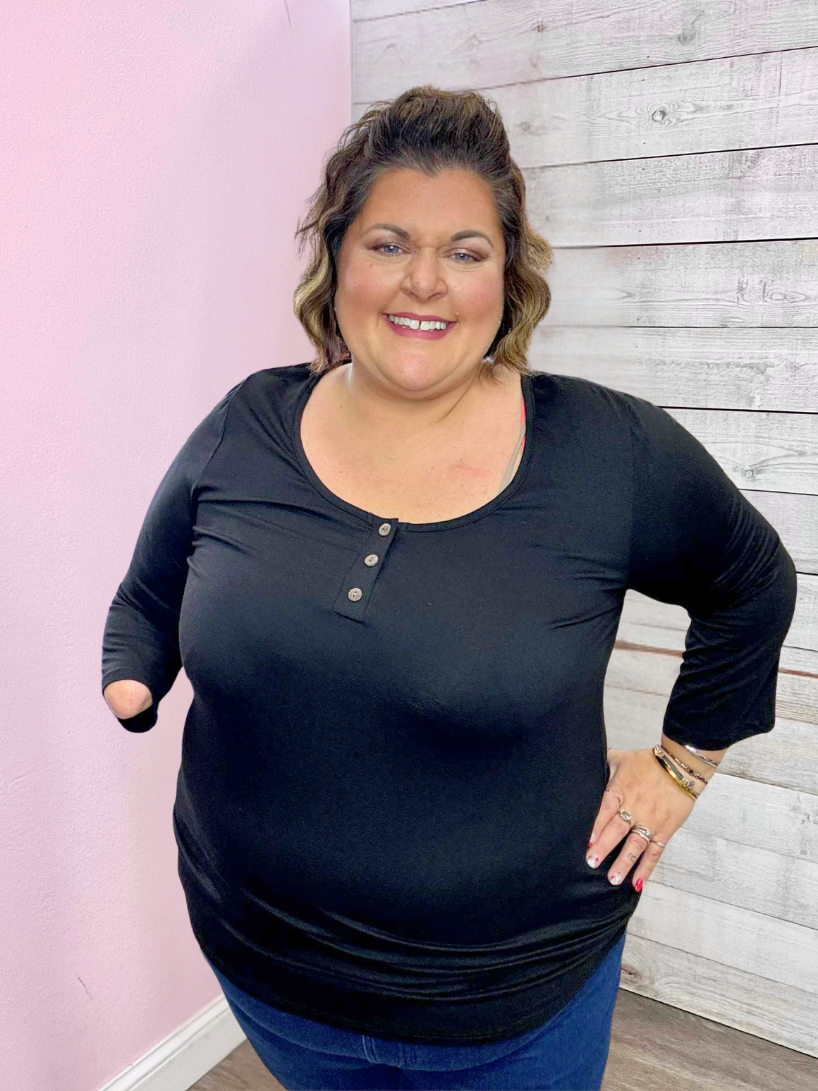 "Easy To Style" Black Button Detail Top