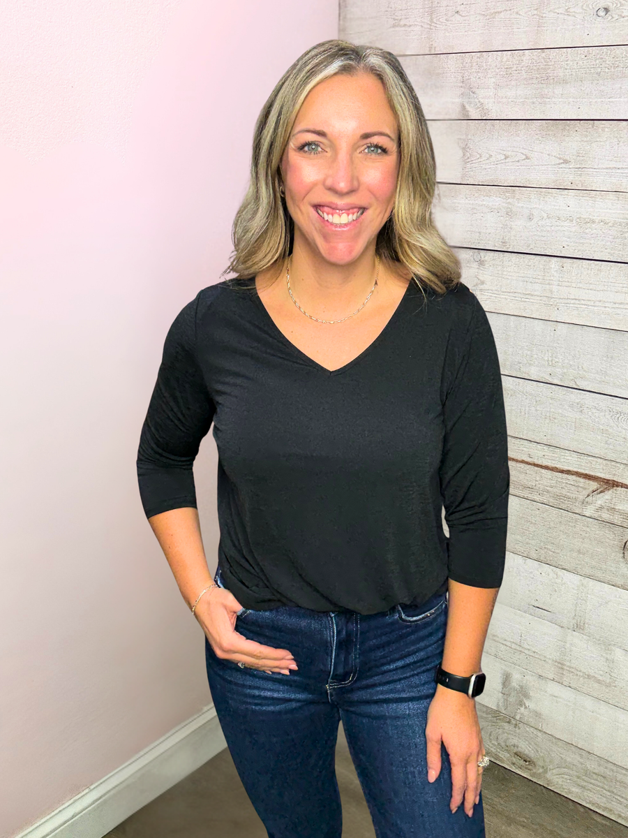"For Keeps" Solid V Neck Top- Black