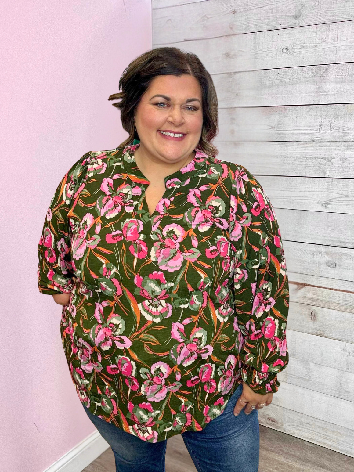 "Savannah Grace" Olive Floral Smock Lizzy Top