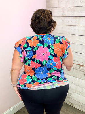 "Skyline Views" Floral Flutter Sleeve Top- Navy
