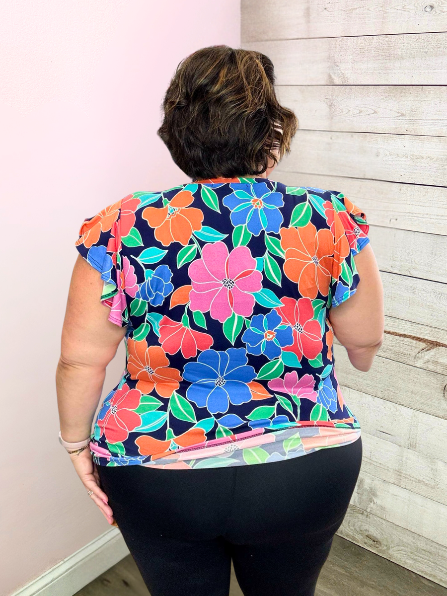"Skyline Views" Floral Flutter Sleeve Top- Navy