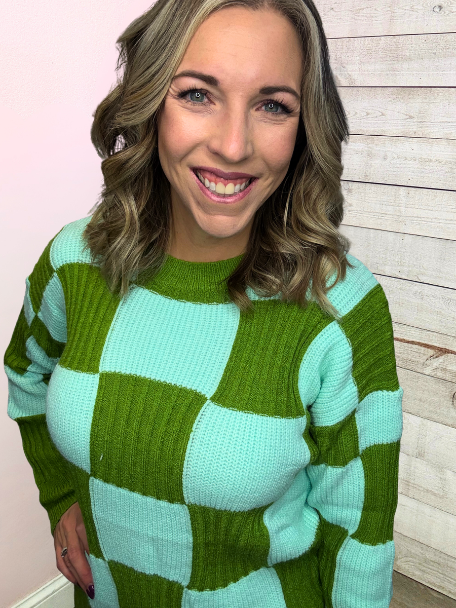 "Right On Cue" Blue/Green Checkered Sweater