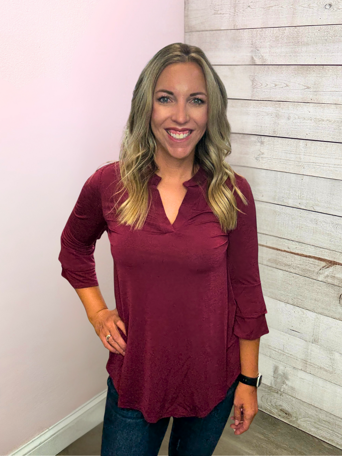 "Stay Polished" Solid Wine Belled Lizzy Top