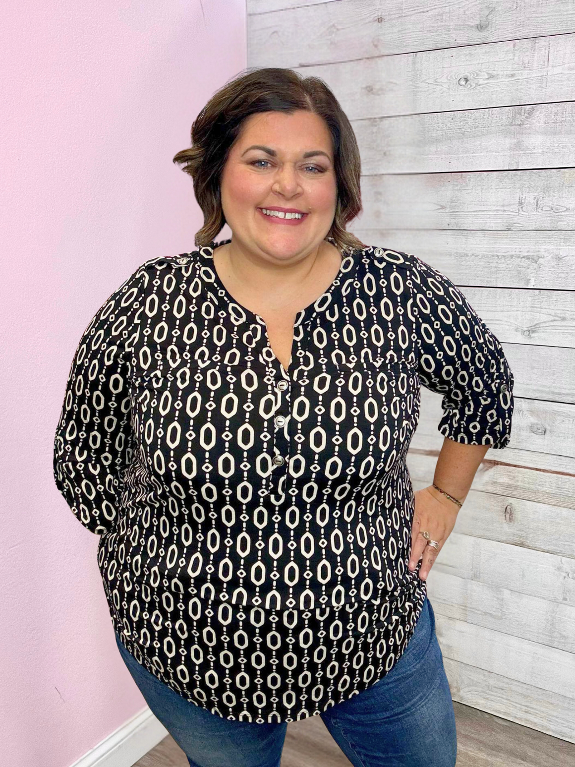 "Ink & Ivory" Black/Ivory Geometric Luxe Lizzy Top