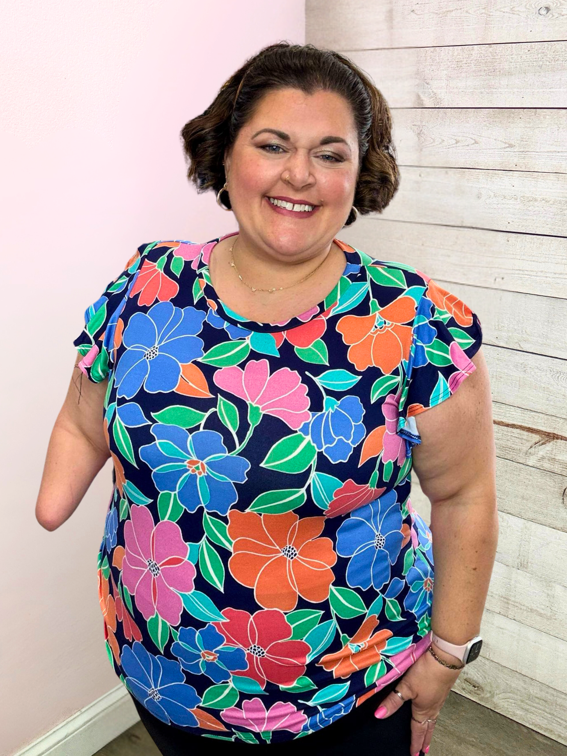 "Skyline Views" Floral Flutter Sleeve Top- Navy