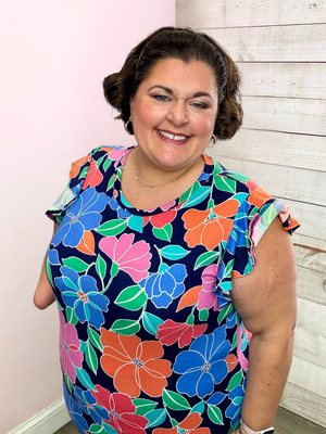 "Skyline Views" Floral Flutter Sleeve Top- Navy