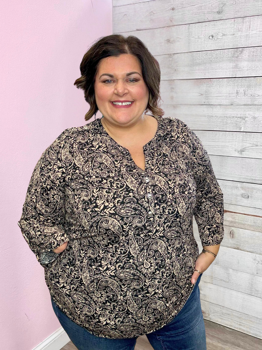 "Paisley Whisper"Black/Taupe Paisley Luxe Lizzy Top