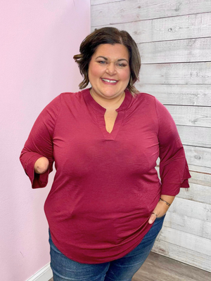 "Stay Polished" Solid Wine Belled Lizzy Top