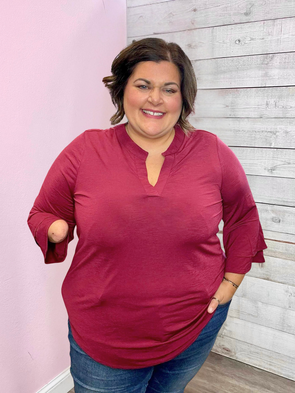 "Stay Polished" Solid Wine Belled Lizzy Top