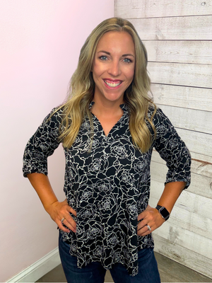 "Soft Spoken" Black/White Floral Lizzy Top