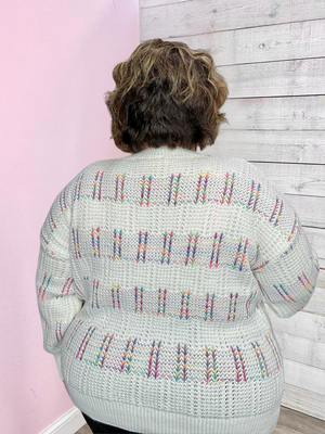 "Moments Like This" White Sweater with Multi-Color Stitching