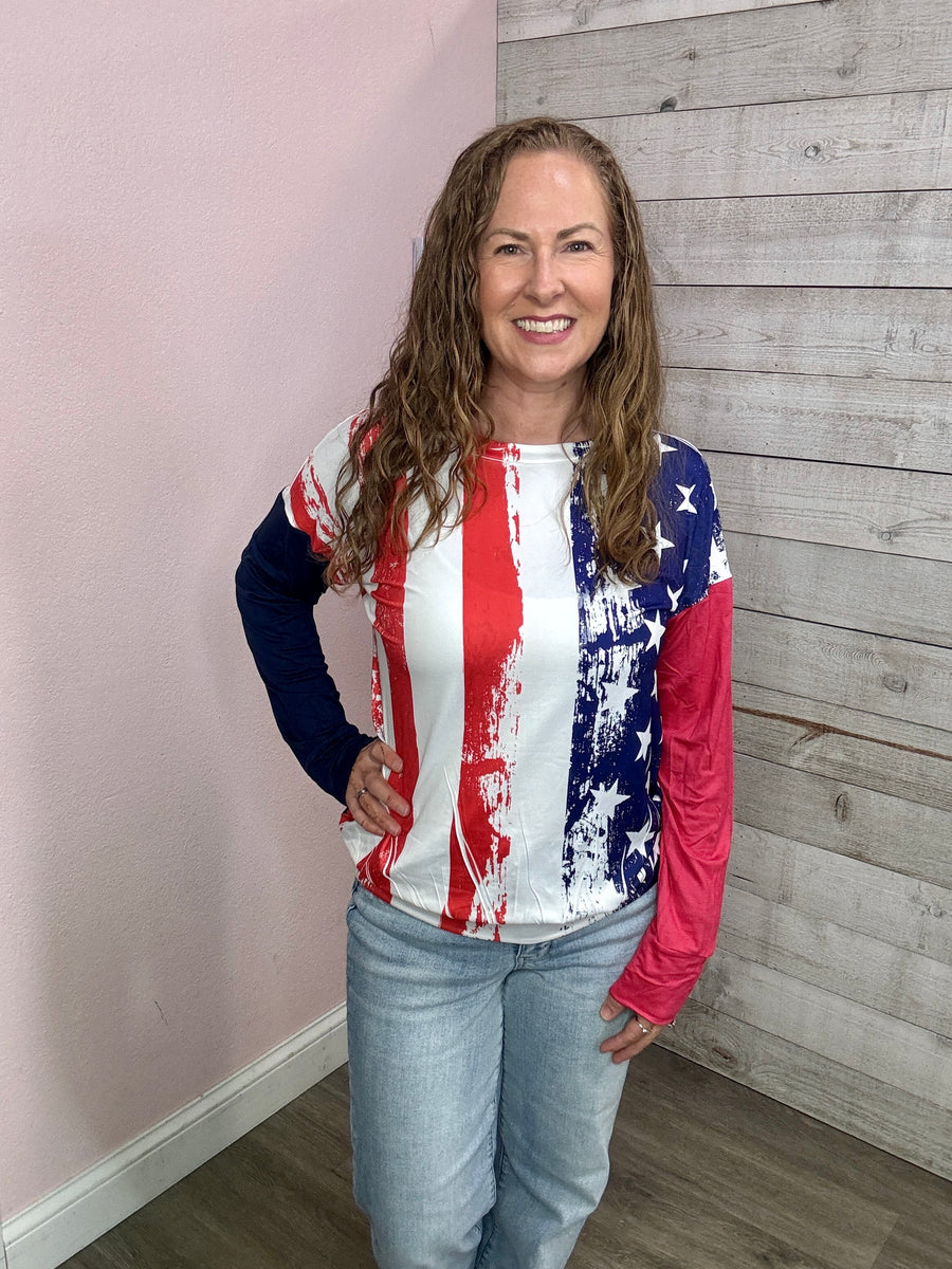 "Red, White, and Blue" American Flag Long Sleeve Top