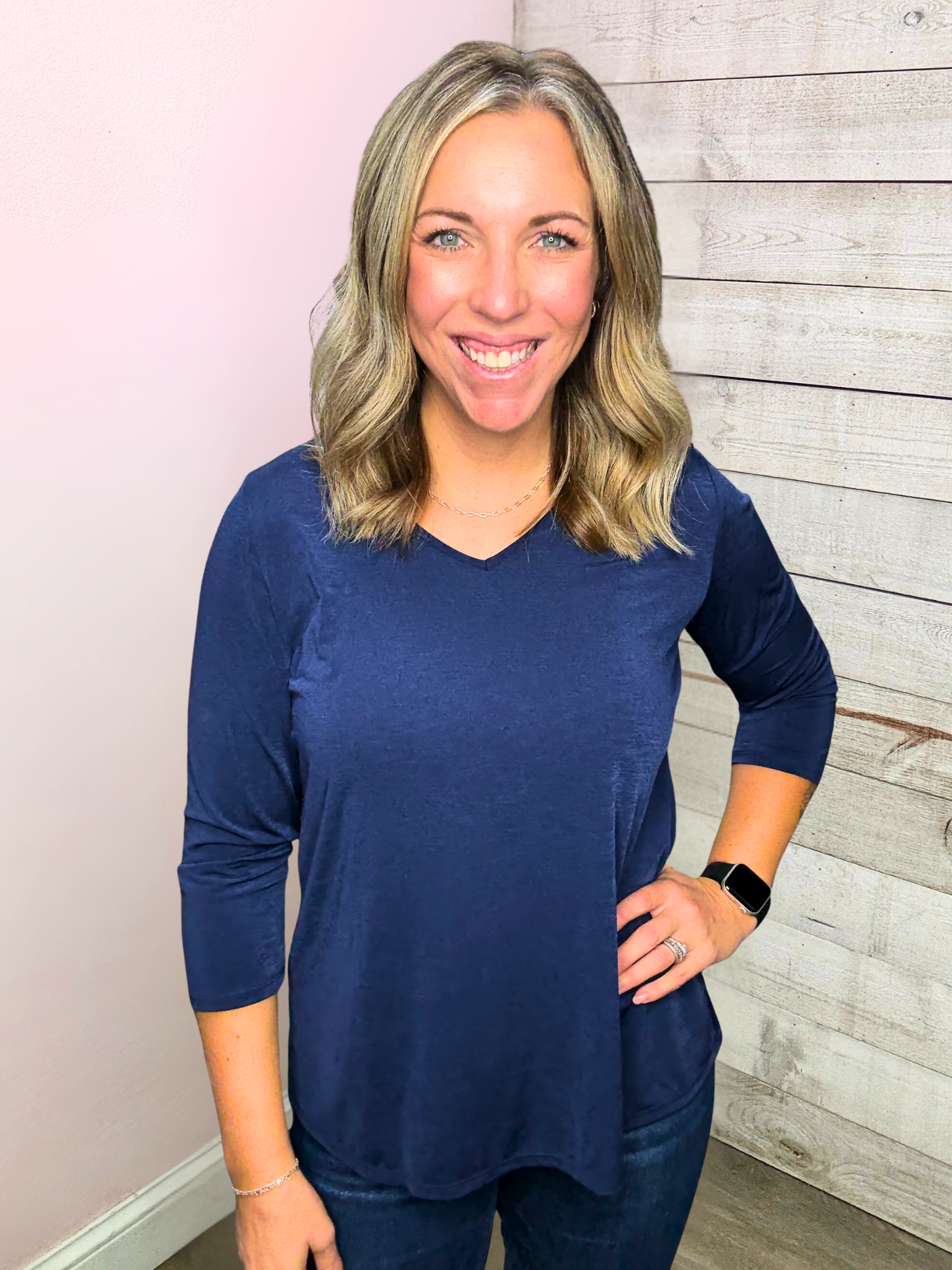 "For Keeps" Solid Vneck Top- Navy