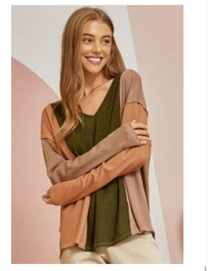 "Take Notes" Olive Colorblock Top