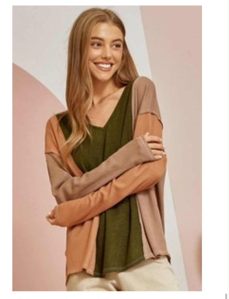 "Take Notes" Olive Colorblock Top