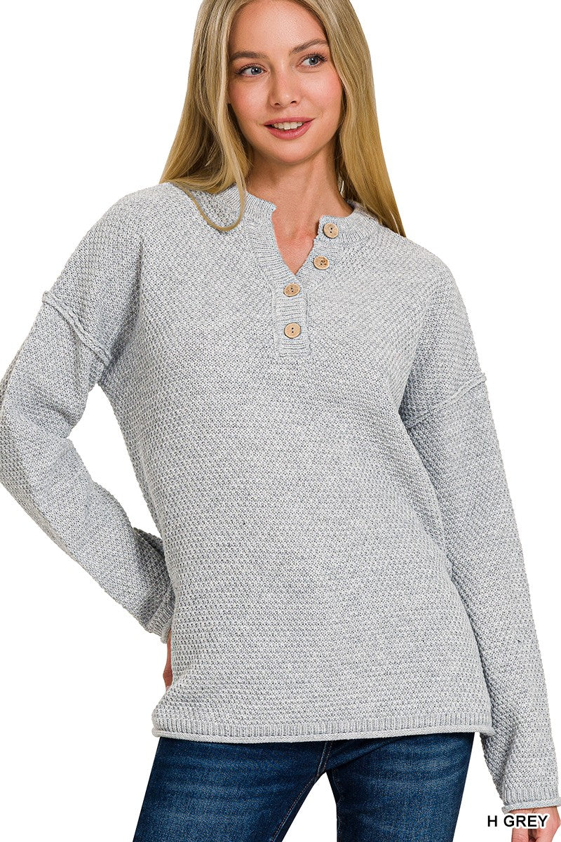 "Own The Room" Grey Henley Sweater