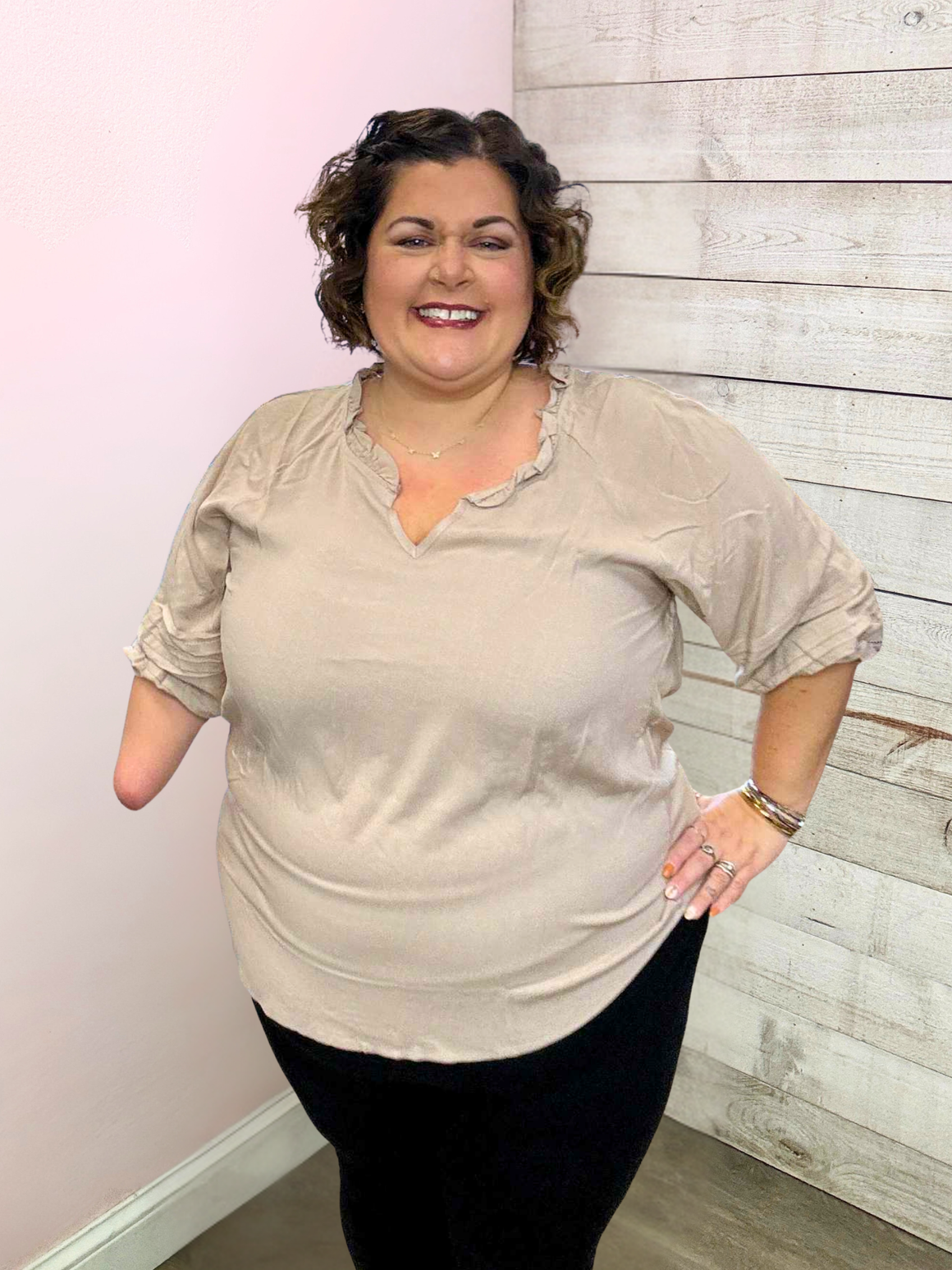 "Style Report" Taupe Ruffle Top