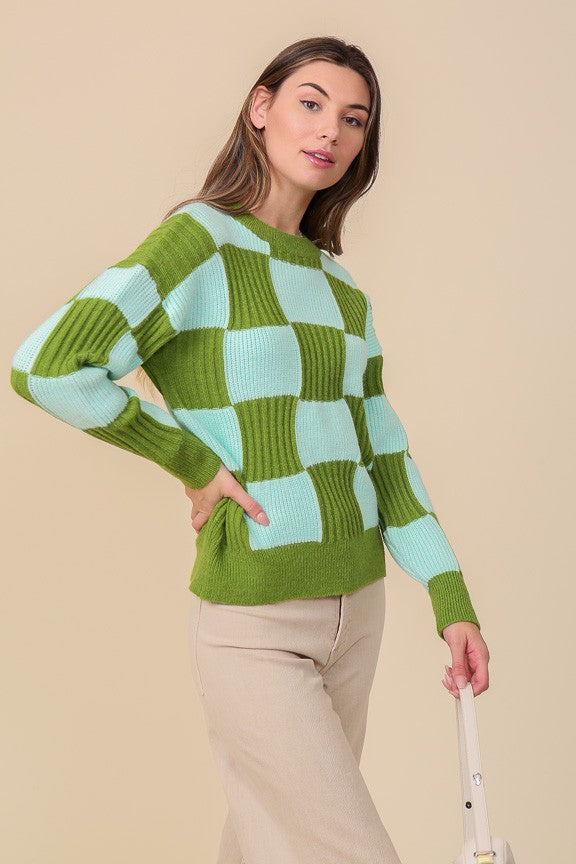 "Right On Cue" Blue/Green Checkered Sweater