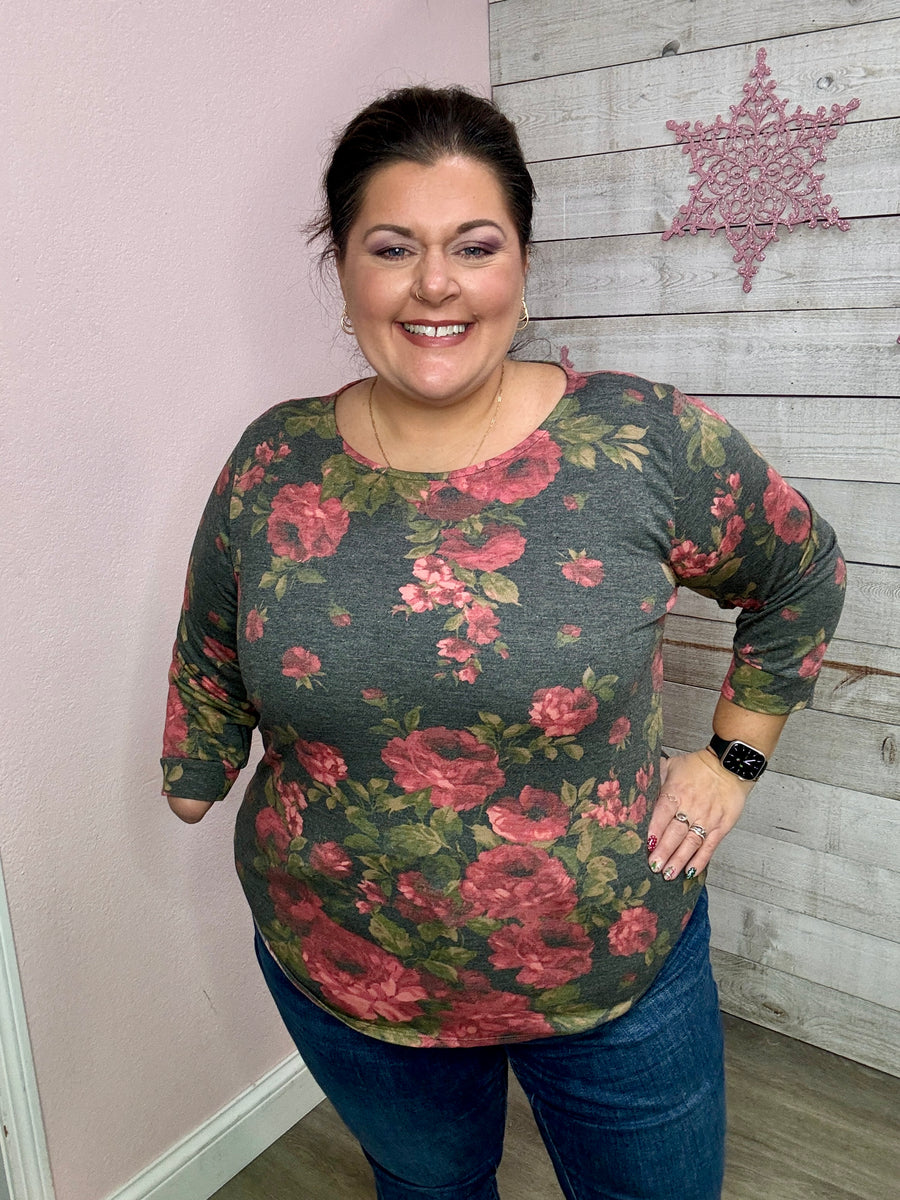 "Hello Beautiful" Charcoal Floral Top
