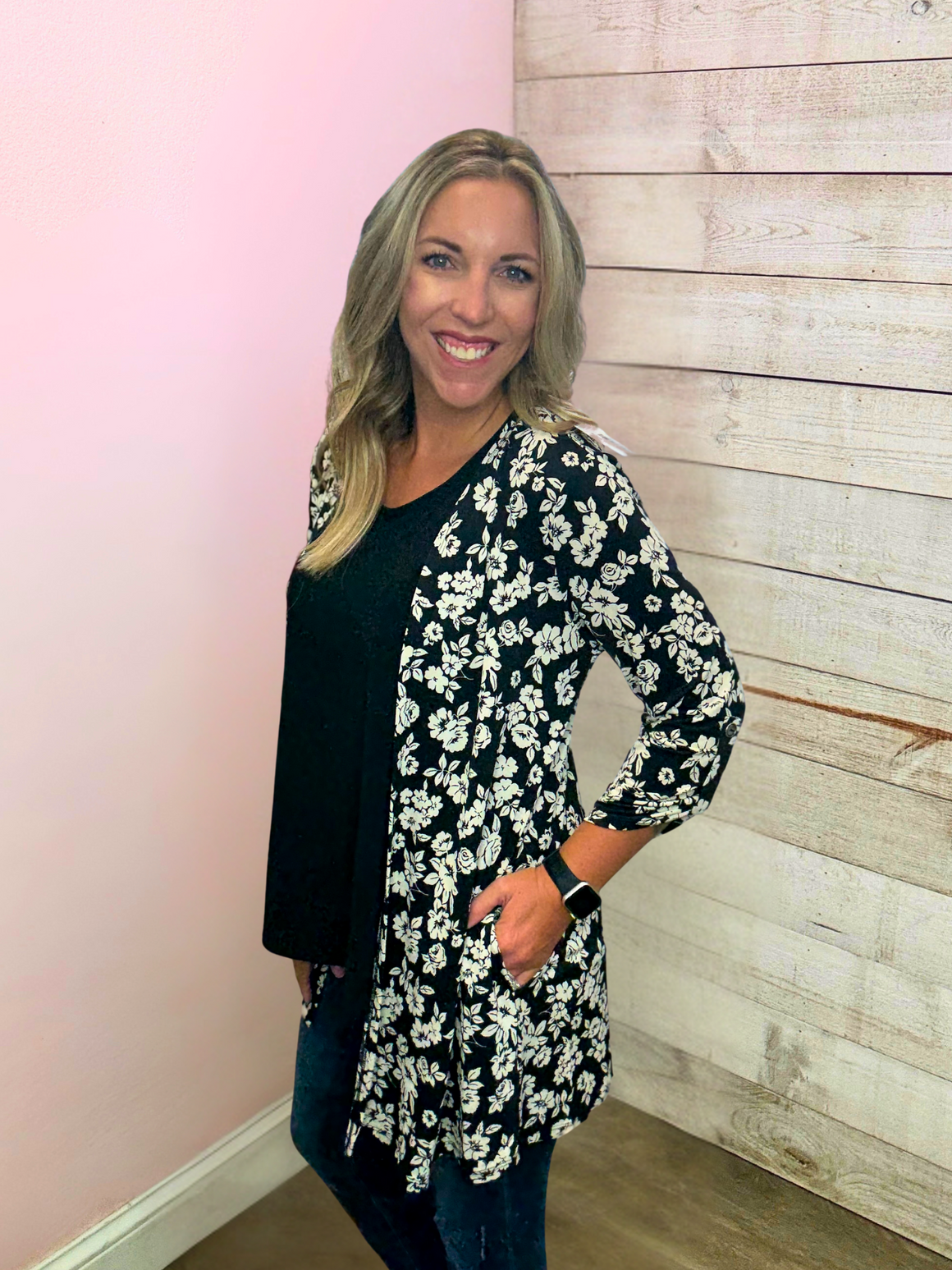 'Floral Muse" Black/White Floral Lizzy Cardigan