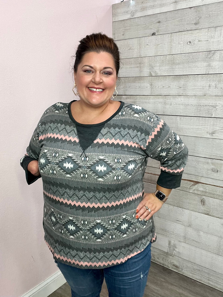 "Bring On The Weekend" Grey/Pink Aztec Top