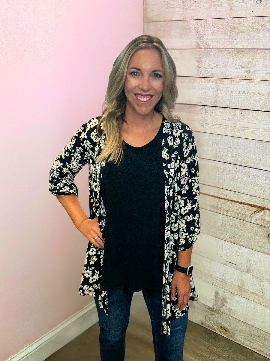 'Floral Muse" Black/White Floral Lizzy Cardigan