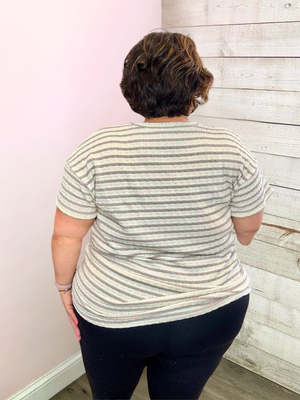 "Classy Touch" Jacquard Striped Top- Ivory/Taupe