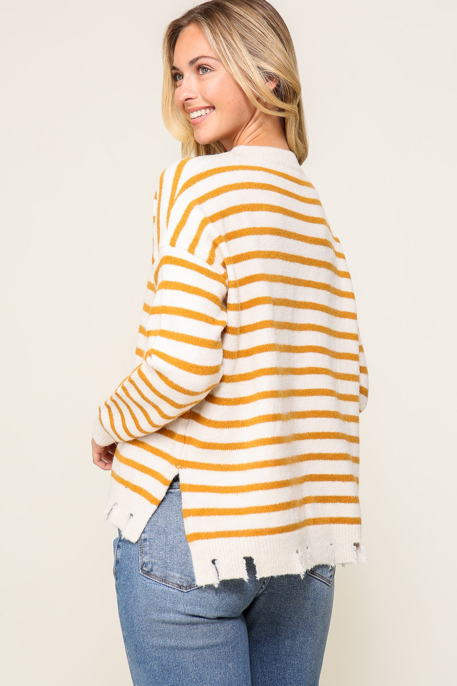 "Snuggle Season" Ivory/Mustard Stripe Sweater
