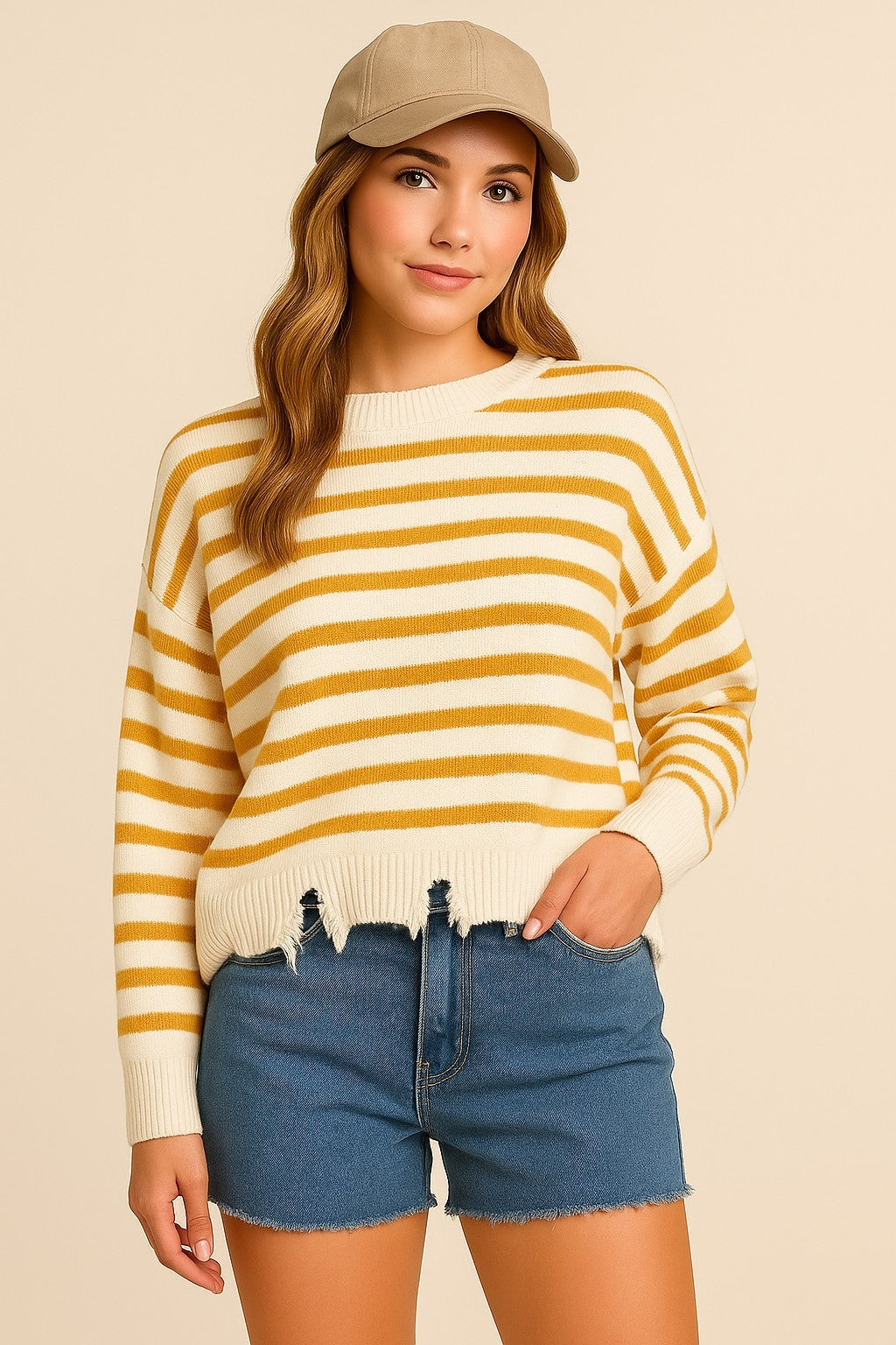 "Snuggle Season" Ivory/Mustard Stripe Sweater