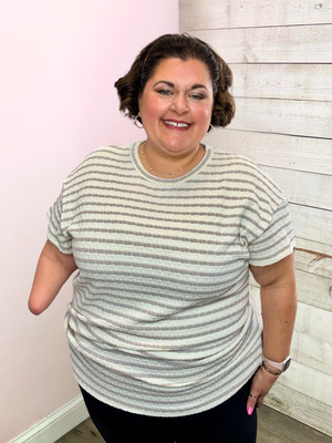 "Classy Touch" Jacquard Striped Top- Ivory/Taupe