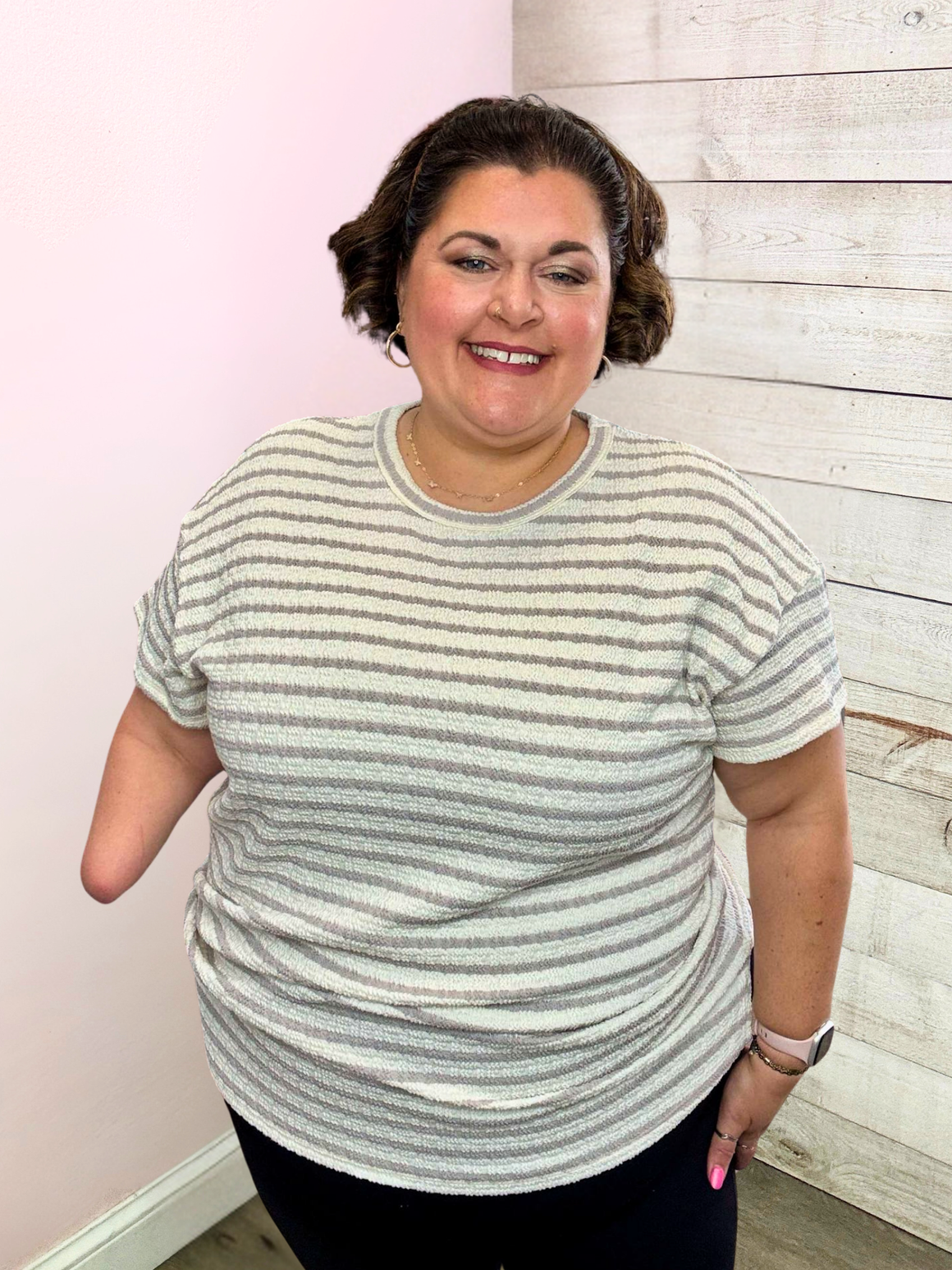 "Classy Touch" Jacquard Striped Top- Ivory/Taupe