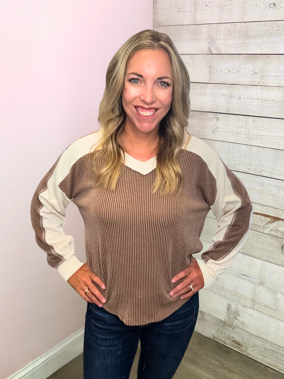 "Latte Love" Brown/Ivory Rib Textured Top