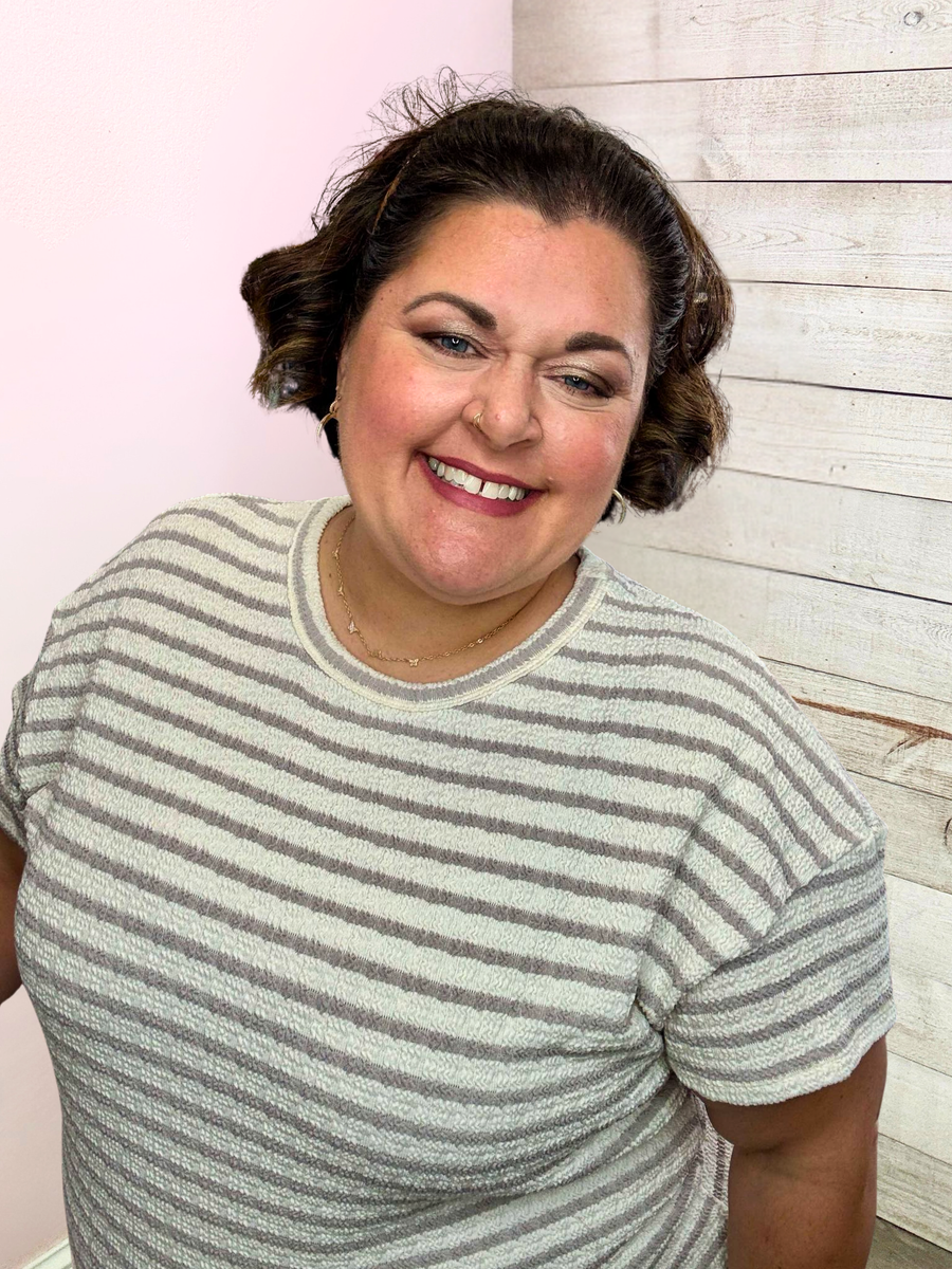 "Classy Touch" Jacquard Striped Top- Ivory/Taupe