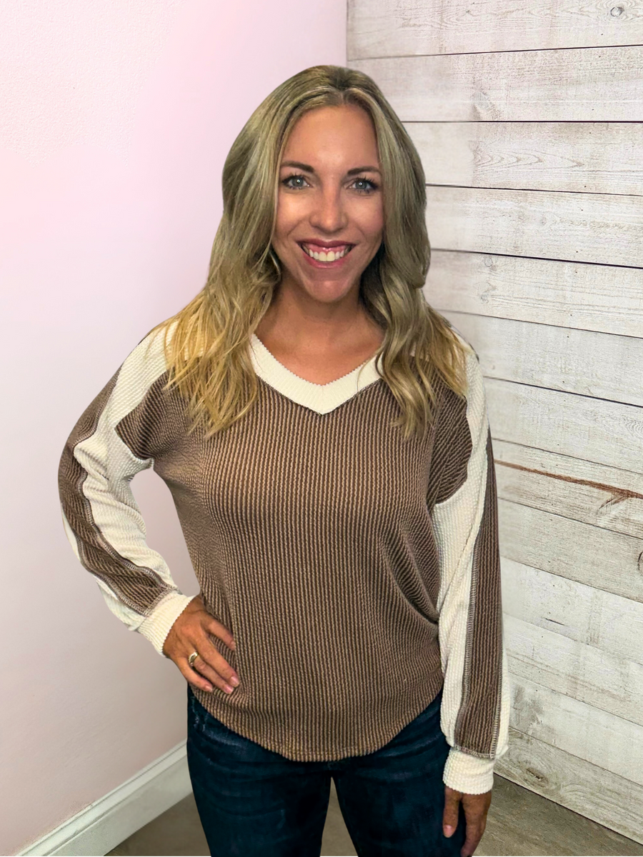 "Latte Love" Brown/Ivory Rib Textured Top