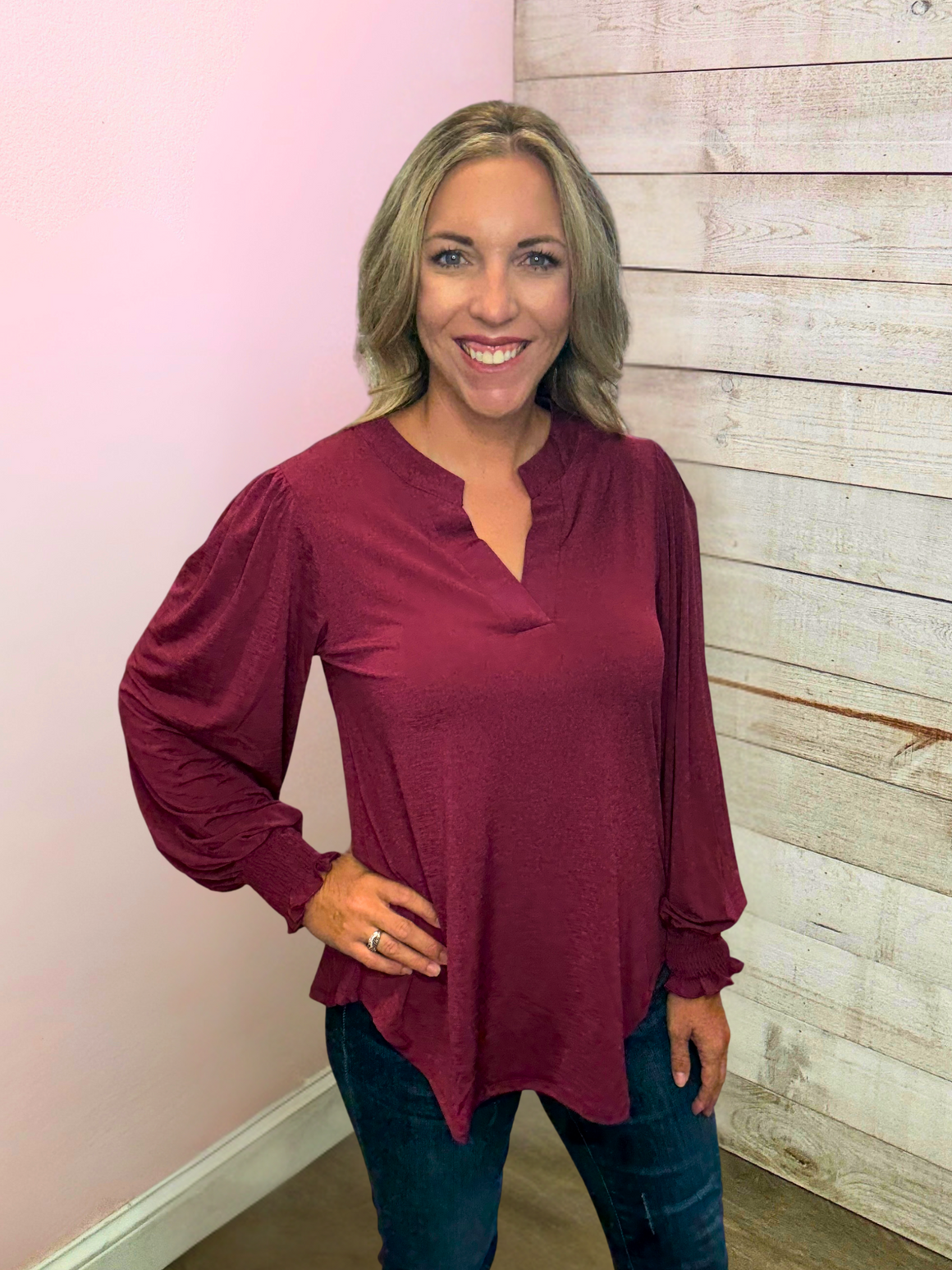 "Chic Charm" Solid Wine Smock Lizzy Top