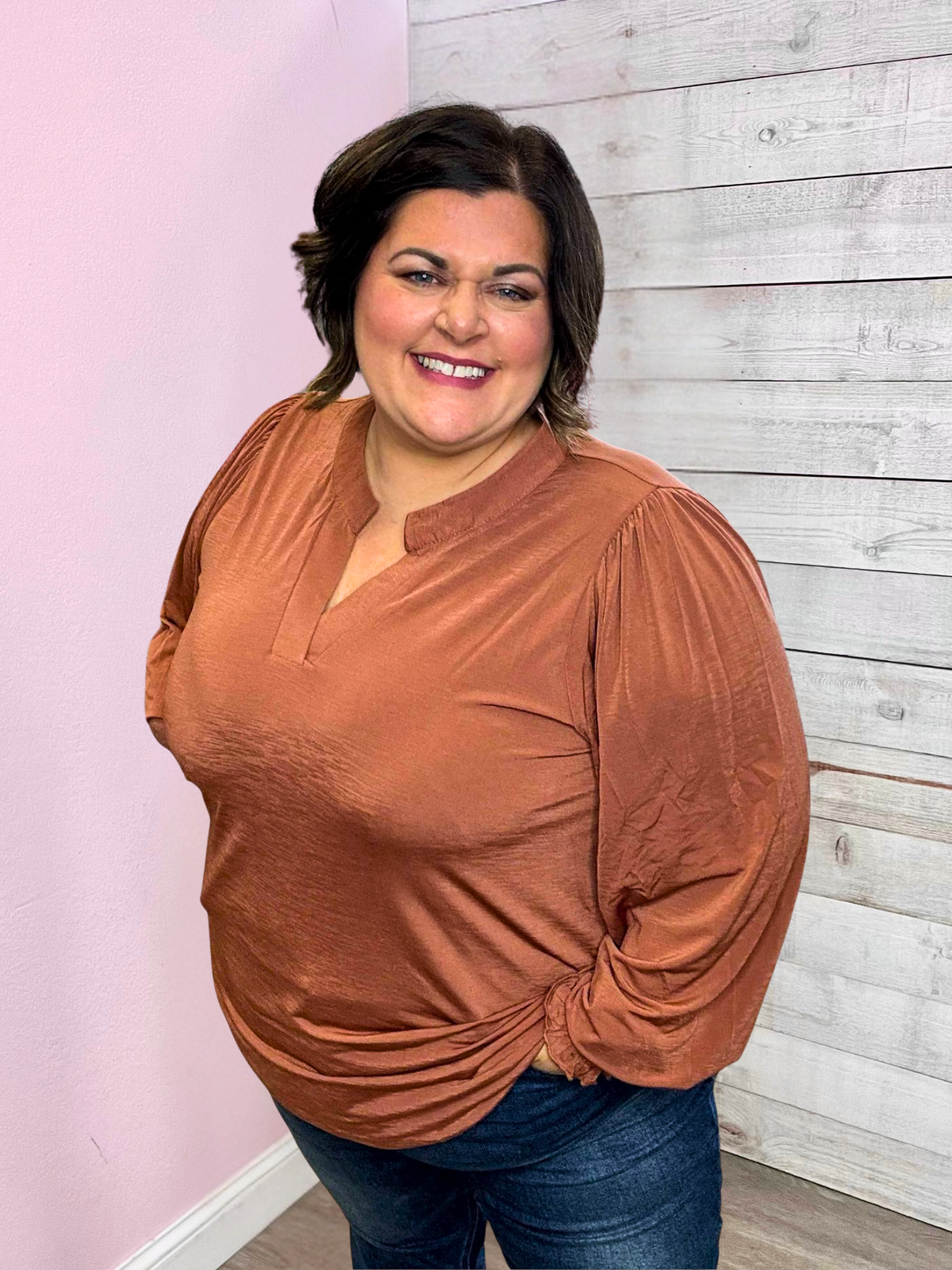 "Chic Charm" Solid Caramel Smock Lizzy Top