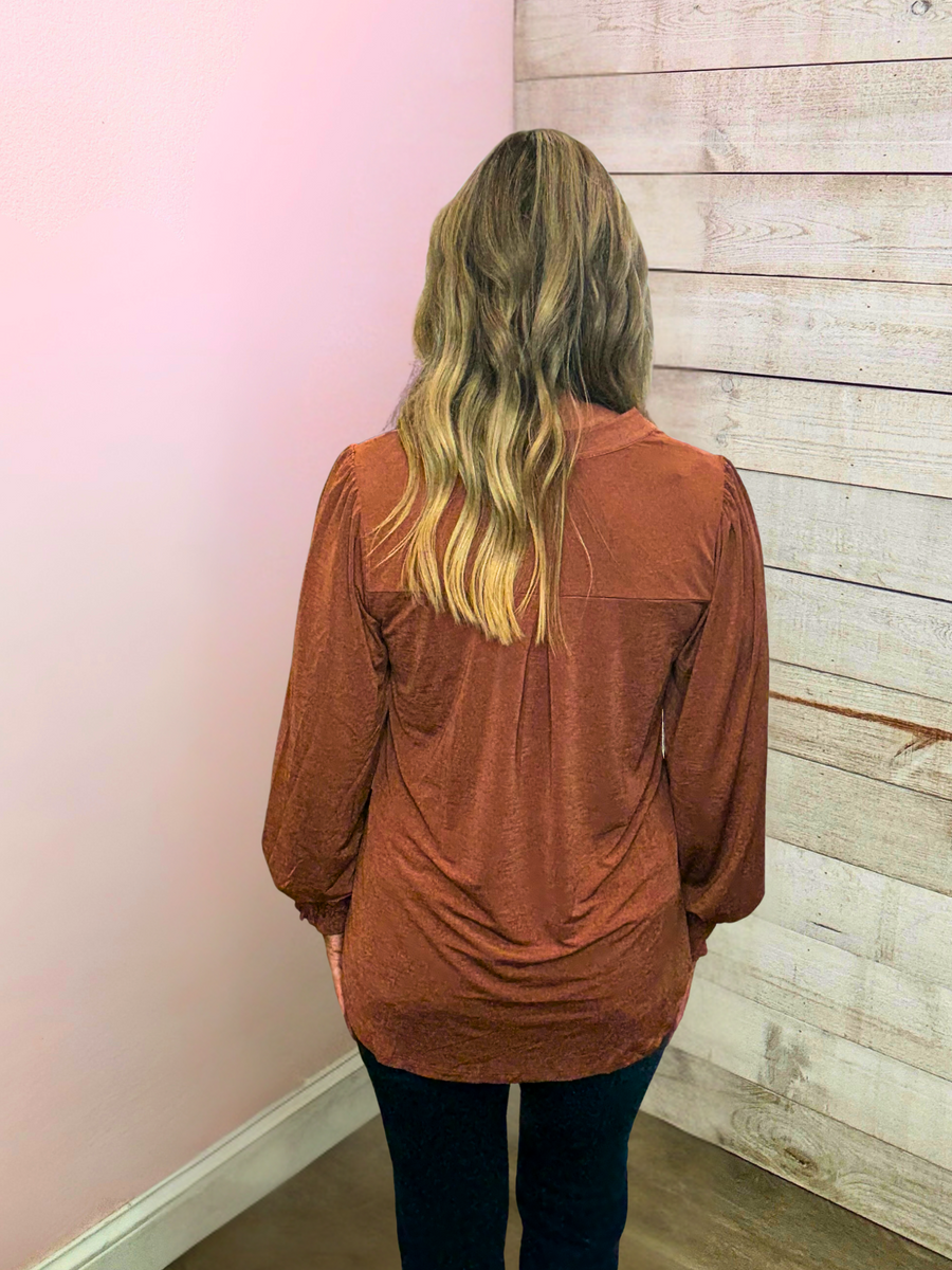"Chic Charm" Solid Caramel Smock Lizzy Top