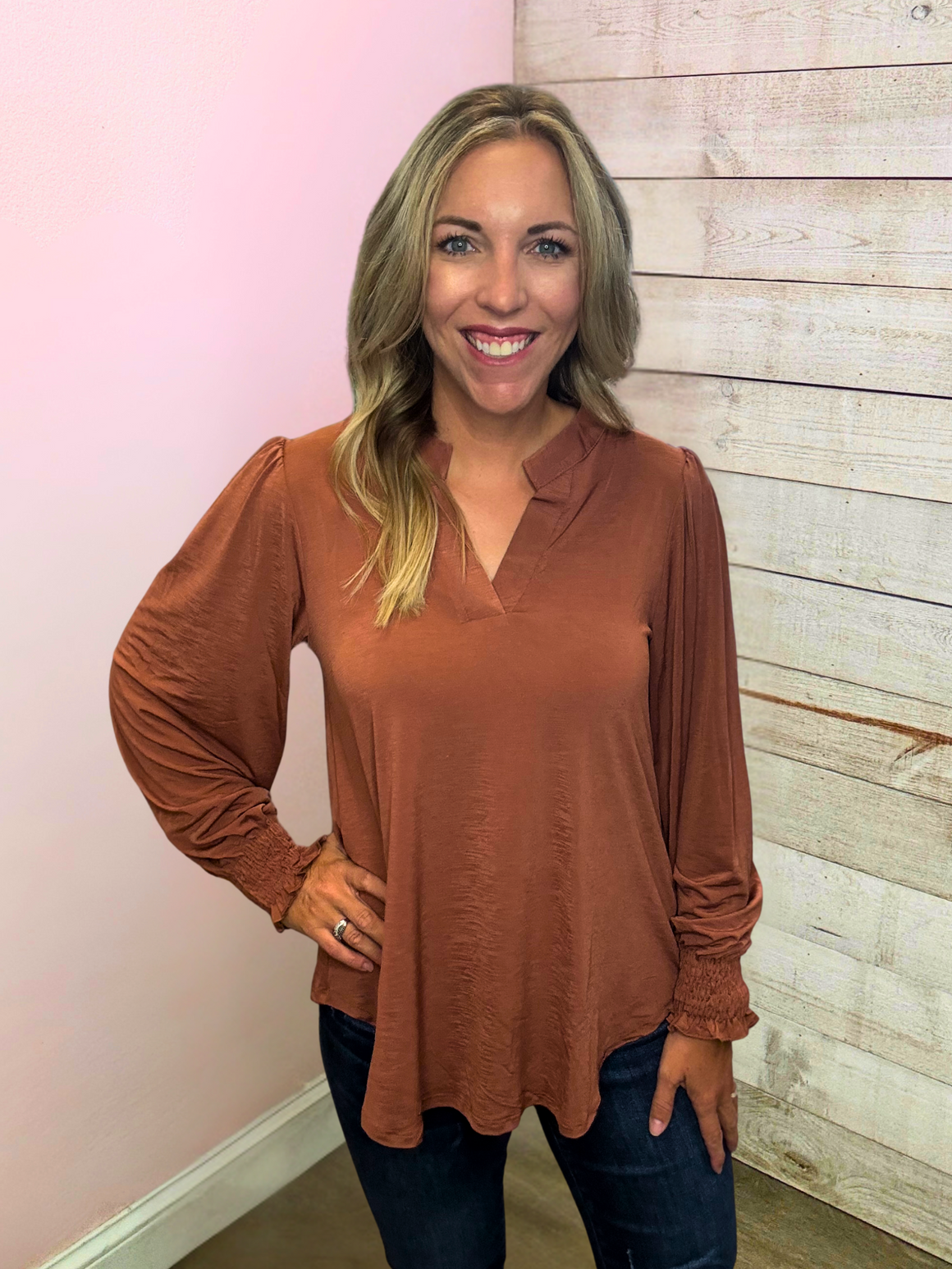 "Chic Charm" Solid Caramel Smock Lizzy Top