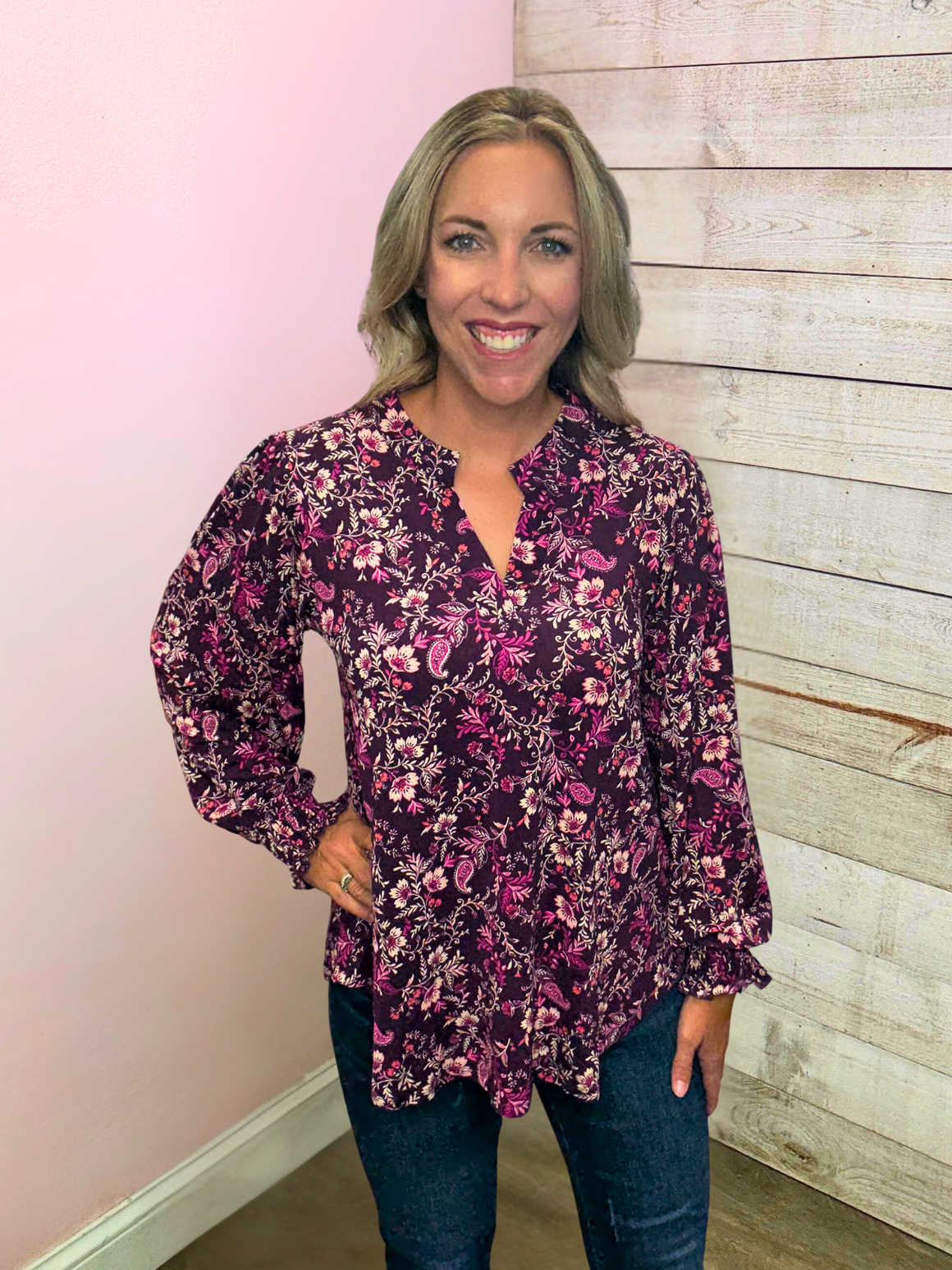 "Vintage Vine" Wine Floral Smock Lizzy Top