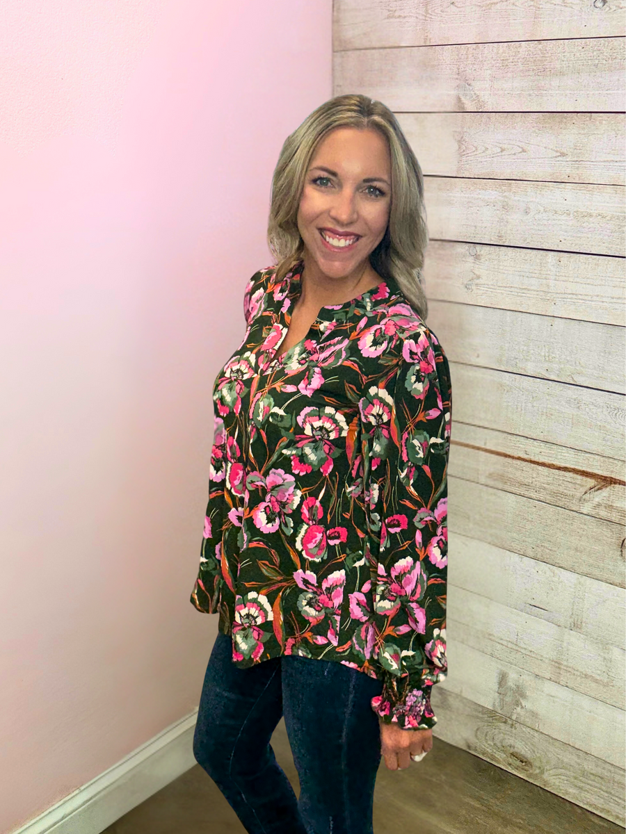 "Savannah Grace" Olive Floral Smock Lizzy Top