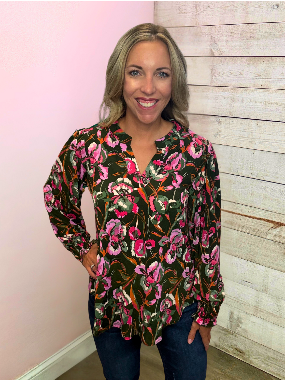 "Savannah Grace" Olive Floral Smock Lizzy Top