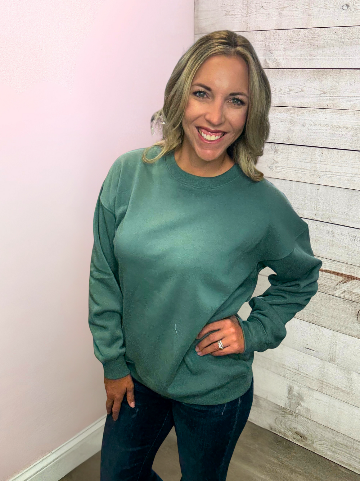 "Comfy Core" Solid Fleece lined Jade Sweatshirt.