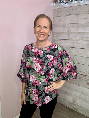 Pink"Cocktail Hour" Charcoal/Pink Floral Top