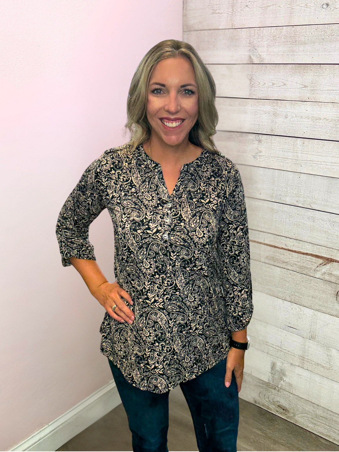 "Paisley Whisper"Black/Taupe Paisley Luxe Lizzy Top