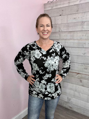 "Midnight Floral" Black/White Floral Print Top