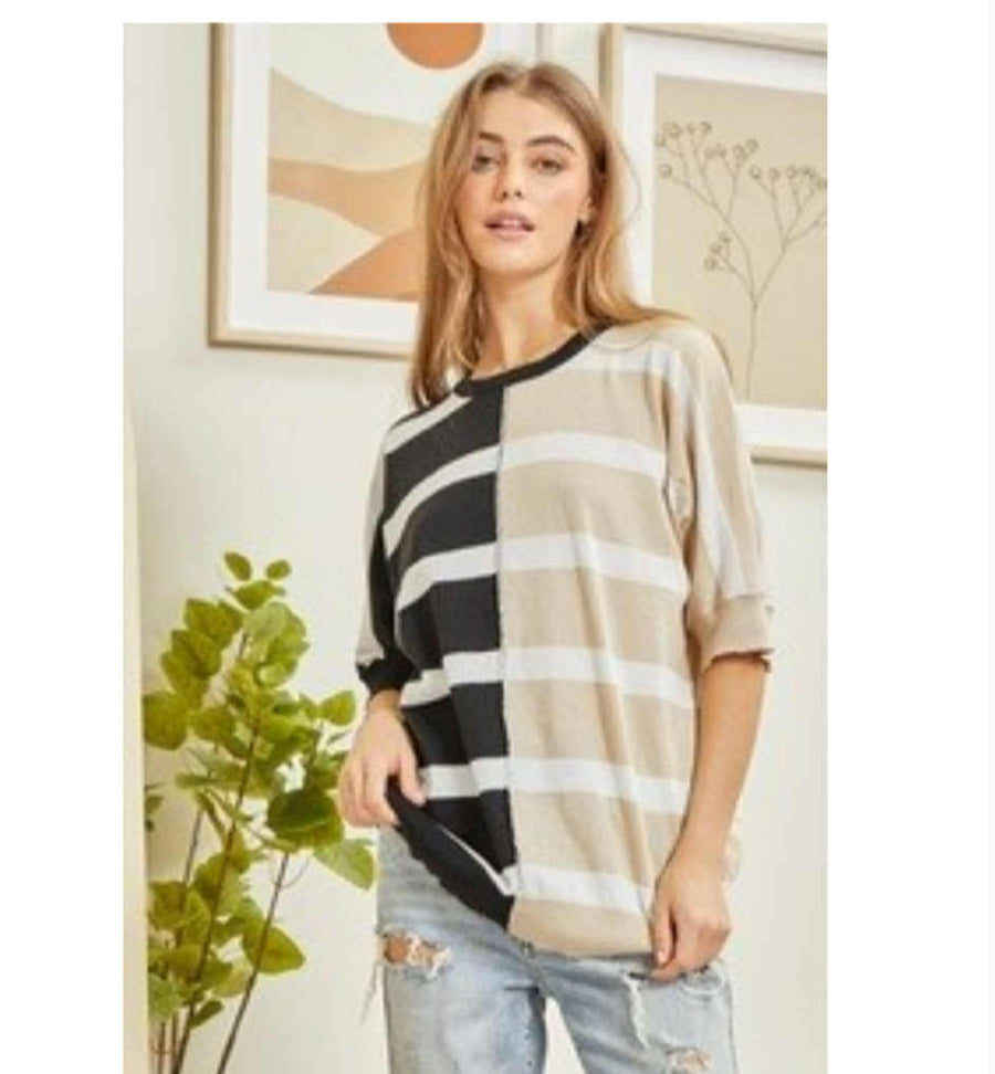"Trying My Best" Black/Tan Stripe Top