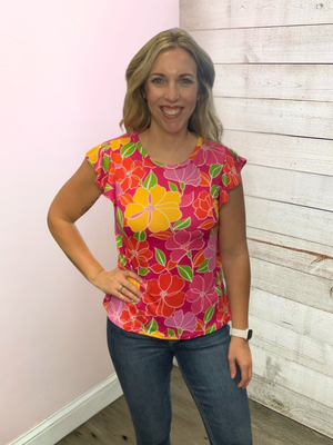 "Skyline Views" Floral Flutter Sleeve Top- Pink