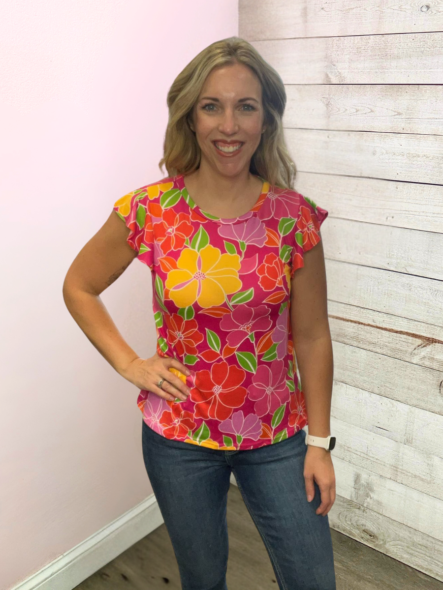 "Skyline Views" Floral Flutter Sleeve Top- Pink