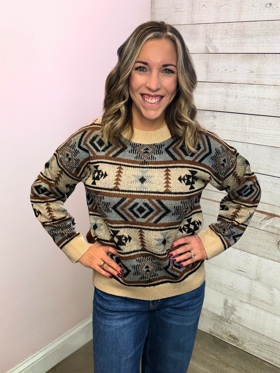 "Hayride Cutie" Tan Aztec Sweater