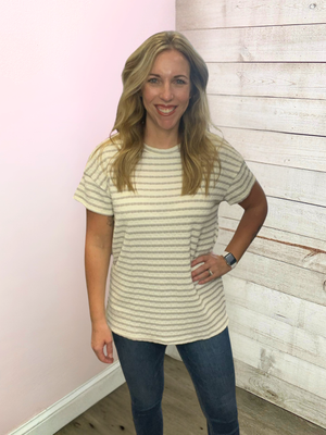 "Classy Touch" Jacquard Striped Top- Ivory/Taupe